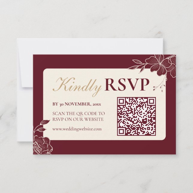 Deep Burgundy Floral Wedding RSVP with QR Code (Front)