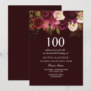 Deep Burgundy Flowers 100th Birthday Party Invite