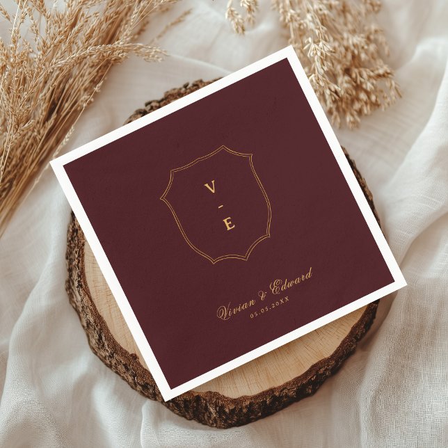 Deep Burgundy & Gold Crest Monogram Winter Wedding Napkin (Creator Uploaded)