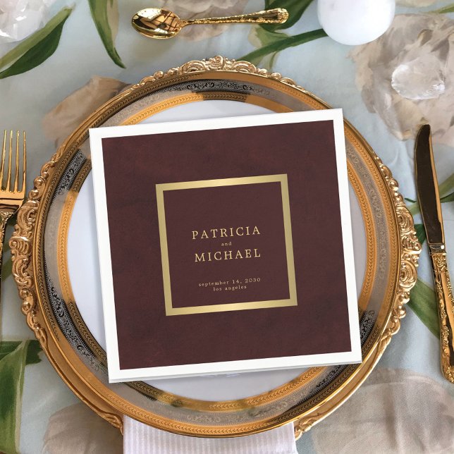 Deep burgundy gold wedding bride and groom napkin (Creator Uploaded)