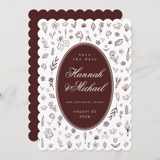 Deep Burgundy Hand Drawn Flowers Spring Wedding Save The Date (Front/Back)