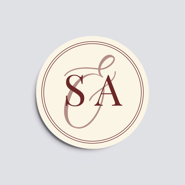 Deep Burgundy Ivory Monogram Old Money Wedding  Classic Round Sticker (Creator Uploaded)
