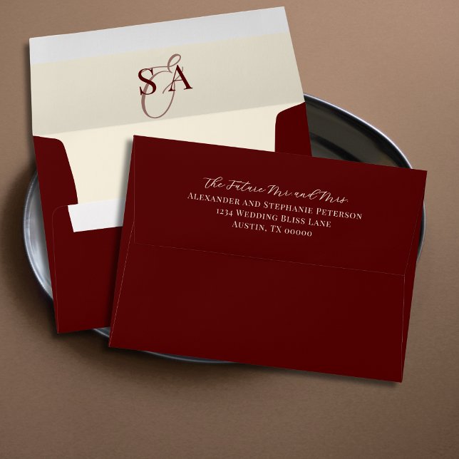Deep Burgundy Ivory Monogram Old Money Wedding  Envelope (Creator Uploaded)