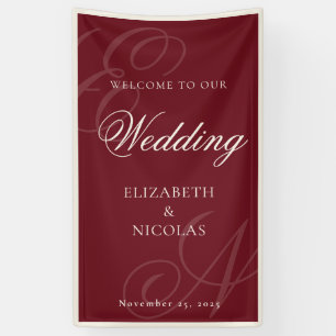 Deep Burgundy Monogram Calligraphy Wedding Welcome Banner