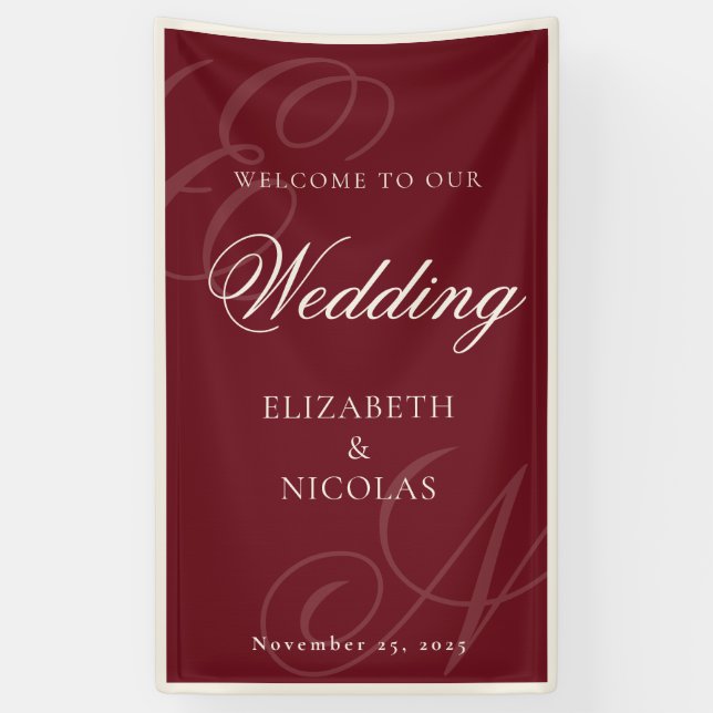 Deep Burgundy Monogram Calligraphy Wedding Welcome Banner (Vertical)