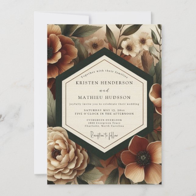 Deep Burgundy Moody Bloom Wedding Invitation (Front)