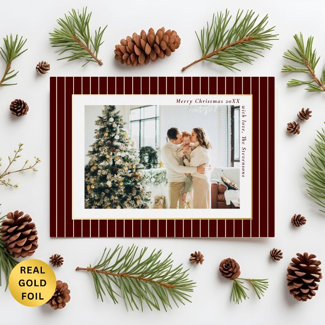 Deep Burgundy Old Money Pinstripe Christmas Photo Foil Holiday Card (Creator Uploaded)