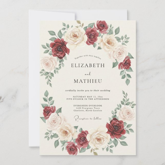 Deep Burgundy Peony Wreath Wedding Invitation (Front)