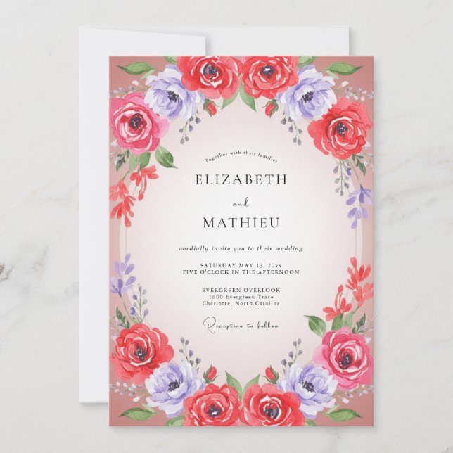 Deep Burgundy Periwinkle Wreath Wedding Invitation (Front)