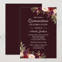 Deep Burgundy Red Floral Quinceanera Invitation