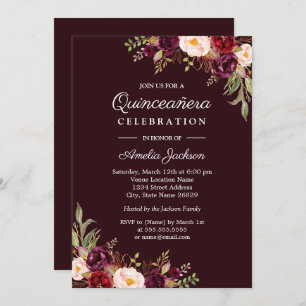 Deep Burgundy Red Floral Quinceanera Invitation