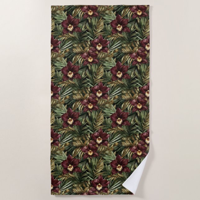 Deep Burgundy Red Orchids Jungle Birthday Beach Towel (Front)