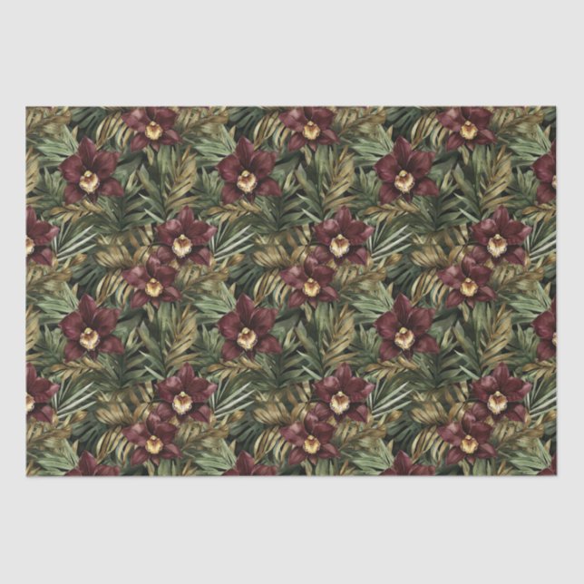 Deep Burgundy Red Orchids Jungle Birthday Tissue Paper (Front)