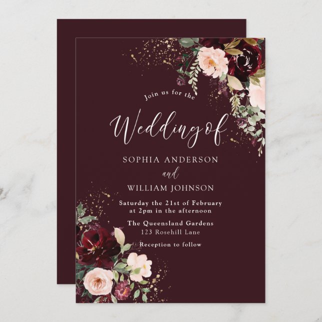 Deep Burgundy Red Wine Floral Fall Autumn Wedding  Invitation (Front/Back)
