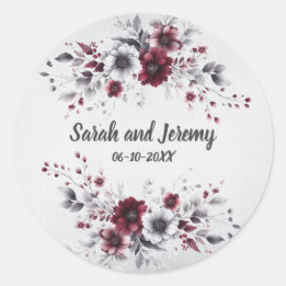 Deep Burgundy Silver Grey Watercolor Floral Custom Classic Round Sticker