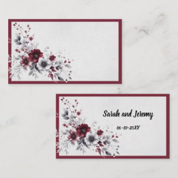 Deep Burgundy Silver Grey Watercolor Floral Custom Place Card