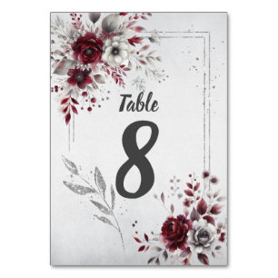 Deep Burgundy Silver Grey Watercolor Floral Custom Table Number