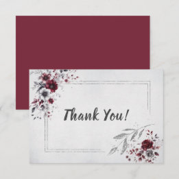Deep Burgundy Silver Grey Watercolor Floral Custom Thank You Card