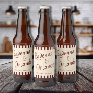 Deep Burgundy Stripes Retro Minimalist Wedding Beer Bottle Label