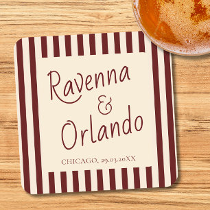 Deep Burgundy Stripes Retro Minimalist Wedding Square Paper Coaster