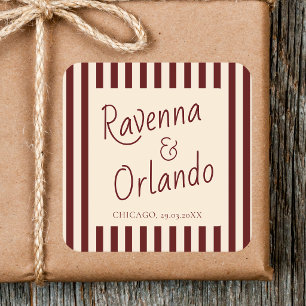 Deep Burgundy Stripes Retro Minimalist Wedding Square Sticker