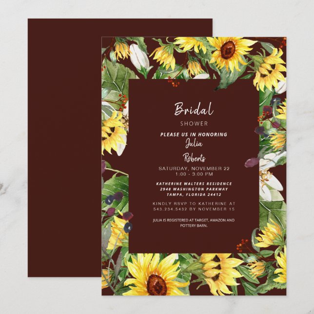 Deep Burgundy Sunflower Bridal Shower Invitation (Front/Back)