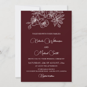 Deep Burgundy White Floral Line Art   Wedding Invitation