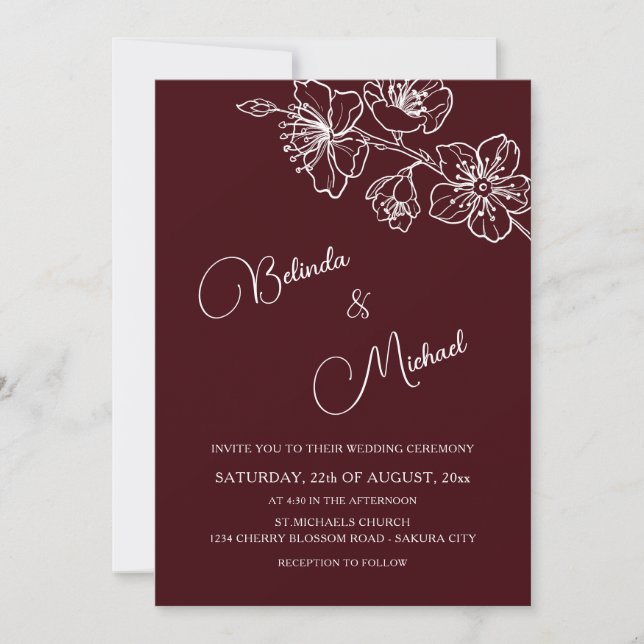 Deep Burgundy White Floral | Photo Wedding Invitation (Front)