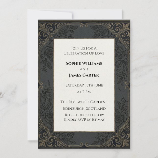 Deep Charcoal Gold Baroque Rose Scottish Wedding I Invitation (Front)