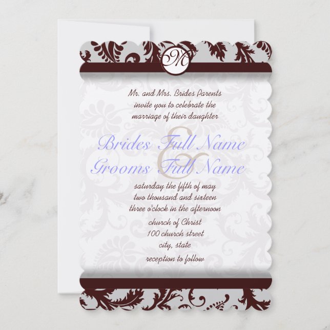 Deep Chocolate Brown Damask Wedding Invitation (Front)