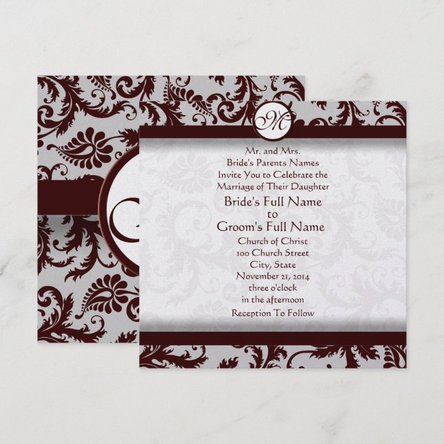 Deep Chocolate Brown Damask Wedding Invitation (Front/Back)