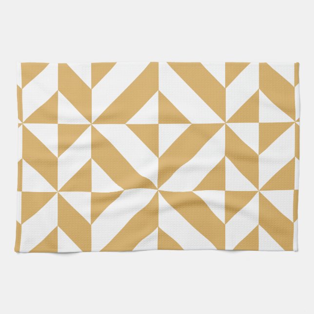 Deep Cool Gold Geometric Deco Cube Pattern Tea Towel (Horizontal)