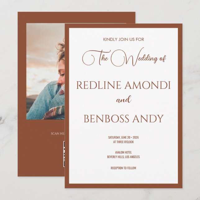 Deep Copper Minimalist Modern Calligraphy Wedding Invitation (Front/Back)