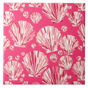 Deep Coral and Pastel Pink Sea Shells Ceramic Tile