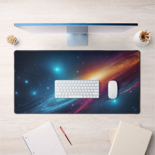 Deep Cosmic Cyan Magenta Abstract Space Nebula Desk Mat