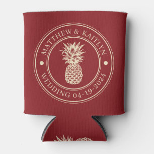 Deep Cranberry Pineapple Wedding Crest & Names Can Cooler