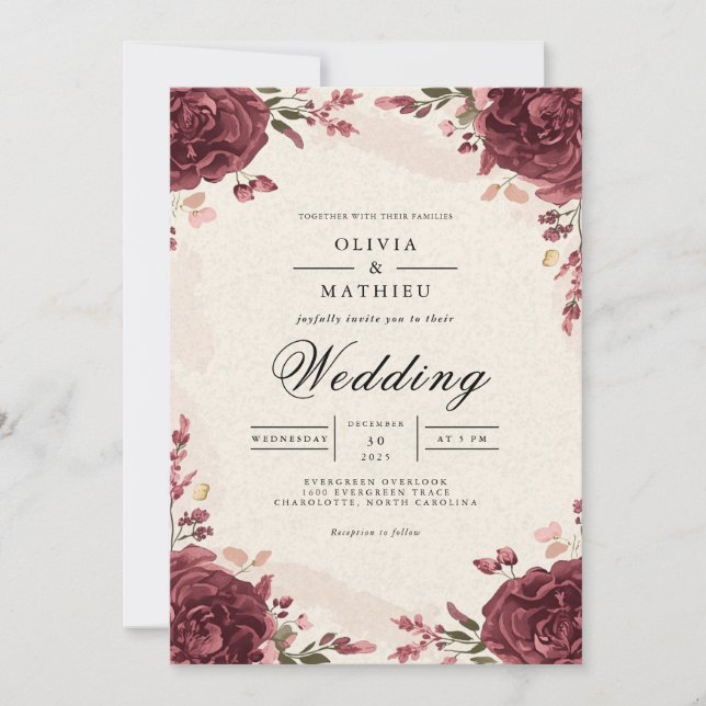 Deep Crimson Bloom Arch Wedding Invitation (Front)