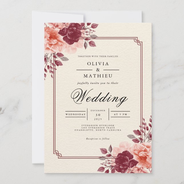 Deep Crimson Floral Romantic Wedding Invitation (Front)