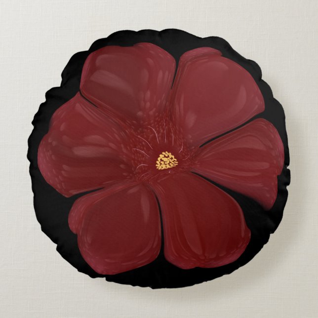 Deep Crimson Moody Bloom Glossy Dark Botanical Flo Round Cushion (Front)