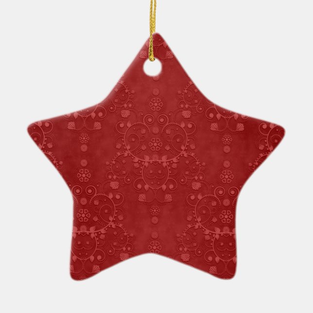 Deep Crimson Red Fancy Floral Damask Pattern Ceramic Tree Decoration (Front)