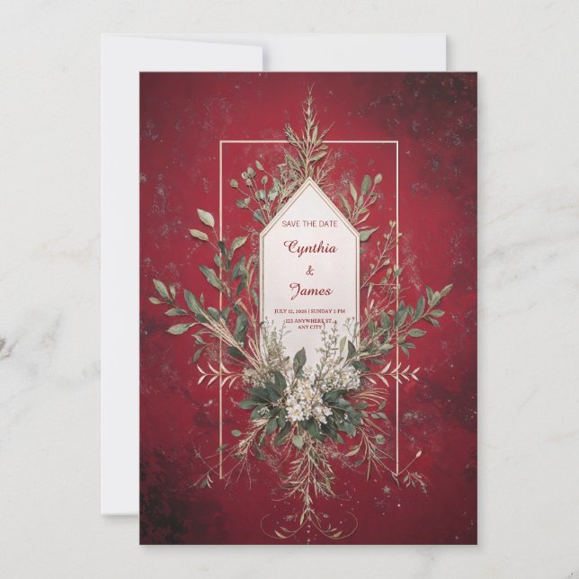 Deep Crimson Red Gold Geometric Greenery Wedding Invitation (Front)