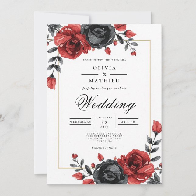 Deep Crimson Rose Botanical Wedding Invitation (Front)