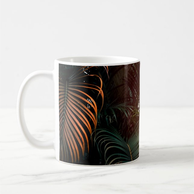 Deep dark green palm leaves pattern with bright or coffee mug (Left)