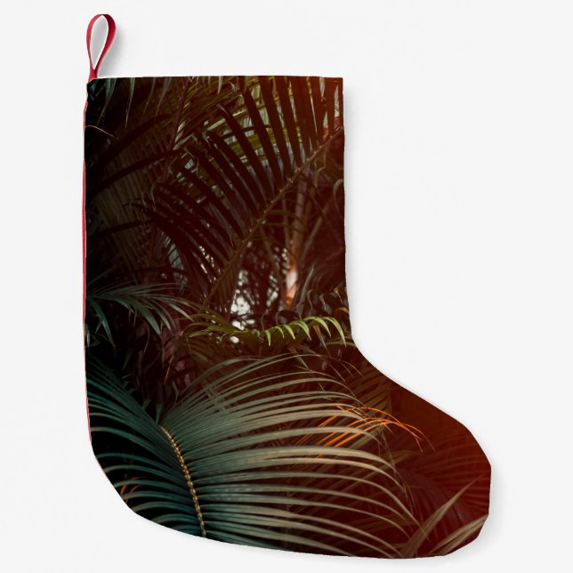 Deep dark green palm leaves pattern with bright or small christmas stocking (Front)