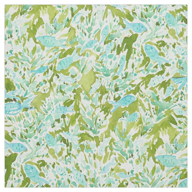 DEEP DIVE Aqua Lime Green Underwater Fish Print Fabric (Swatch)