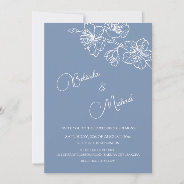 Deep Dusty Blue White Floral | Photo Wedding Invitation (Front)