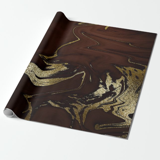 Deep Earth Gold Marble Brown Abstract Wrapping Paper (Unrolled)