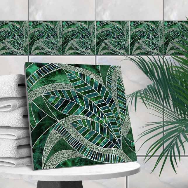Deep Emerald and Pearl Mosaic Leaf Art Ceramic Tile (Creator Uploaded)