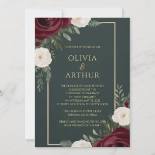 Deep Emerald Green & Burgundy Wedding Invitation