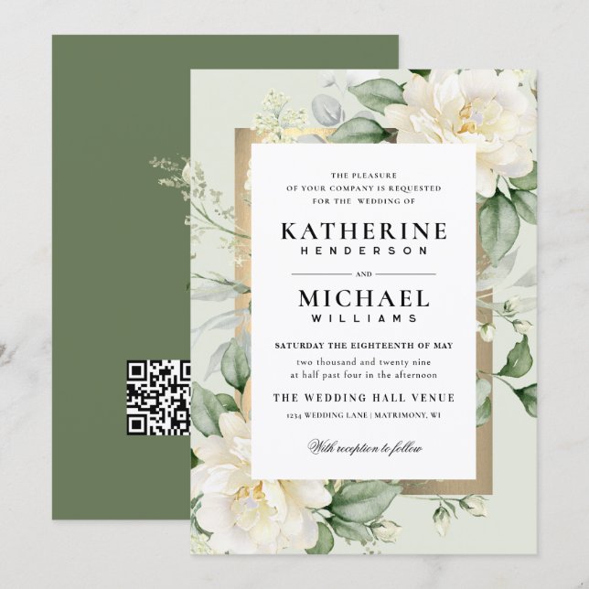 Deep Eucalyptus Rose Ivory&Gold Frame QR Wedding  Invitation (Front/Back)